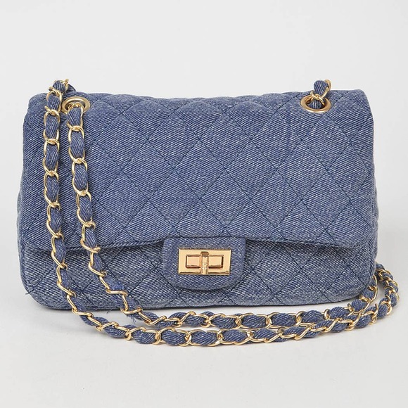 3AM BY H&D ACCESSORIES Handbags - Denim Quilted Shoulder Bag Chain Strap Blue
